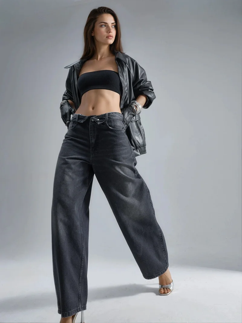 هيكاب جينز سكالو واسع الساق بخصر منخفض